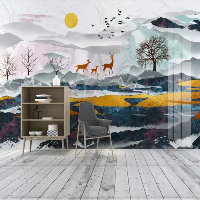 New Ink Landscape Forest Elk Golden Sunrise Birds TV Background Wall Painting New Ink Landscape Forest Elk Golden Sunrise Birds TV Background Wall Painting