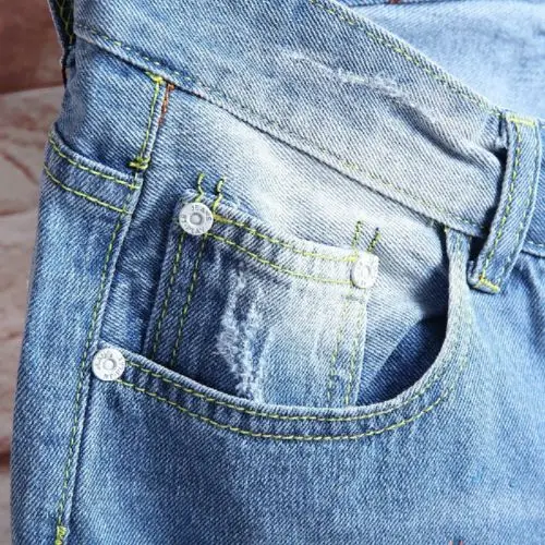 2018 Новая мода синий Для мужчин светло-голубой Ripped Destroyed джинсы Прямые Slim Fit