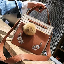 ETAILL Floral Embroidered Women Messenger Bags Vintage Pu Leather Canvas Plaid Shoulder Bag Female Fur Ball Wide Strap Handbags