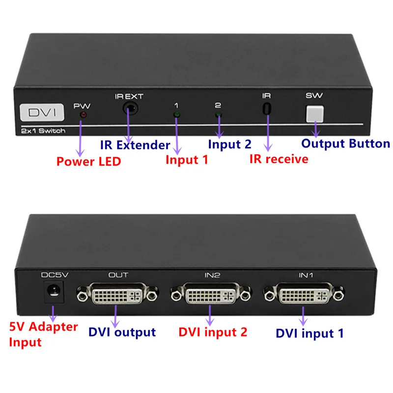 T 4K 3D 1080P DVI Switch 2x1 Switcher Adapter DVI-D Female Connector IR Extender DTS AC3 DSD For CCTV PC DVD Camera Free Shipping (4)