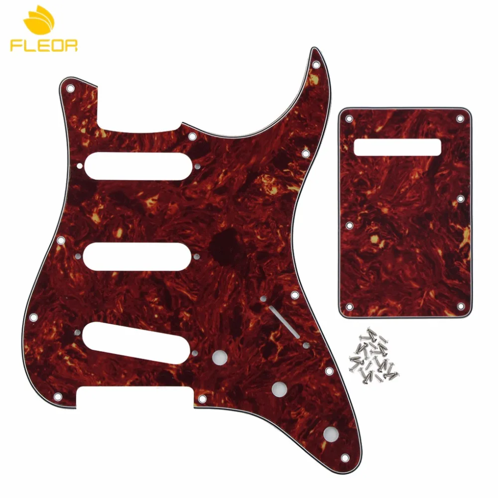 

FLEOR Set of 4Ply Red Tortoise Shell Scratch Plate Guitar 11 Holes Electric Guitar Pickguard Strat SSS & Back Plate & Screws