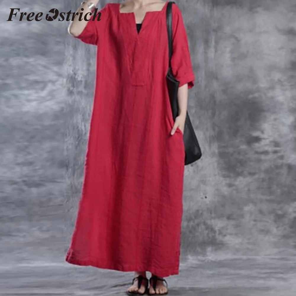 

Free Ostrich 2019 Plus Size Womens Ethnic Loose Kaftan Long Sleeve V Neck Cotton Long Maxi Dress Soft Solid Straight Loose Dress