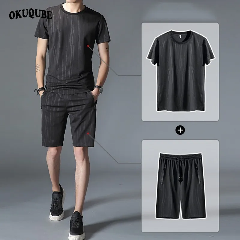 

Two Pieces Set Men Sportswear Printed Elastic Waistband Pockets Work Out Clothes Tracksuit Jogging Gym Training Running Set Male