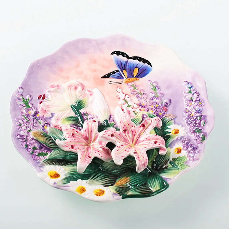 Handpainted Butterfly And Lily Hanging Plate Hanging Wall Plate Decorative Plate Ceramic Hanging Tray American Garden Plate 3