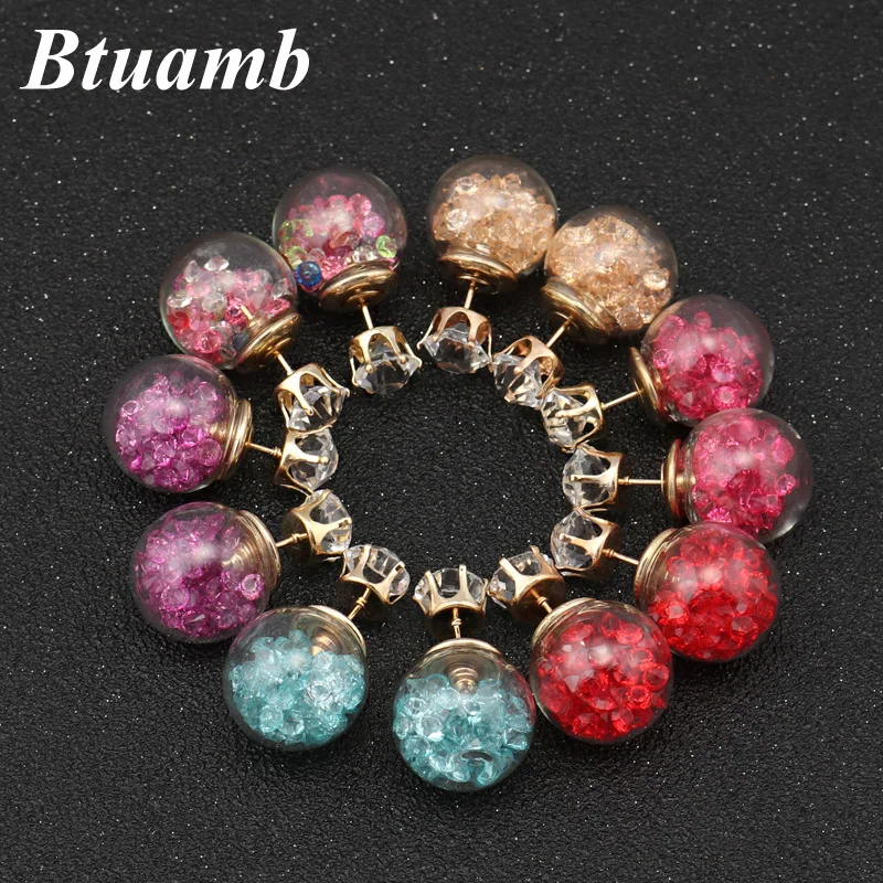 Btuamb, новинка, макси, цветные серьги с гравием, с кристаллами, двойные стороны, большой стеклянный шар, серьги-гвоздики для женщин, очаровательное ювелирное изделие, пляжный стиль