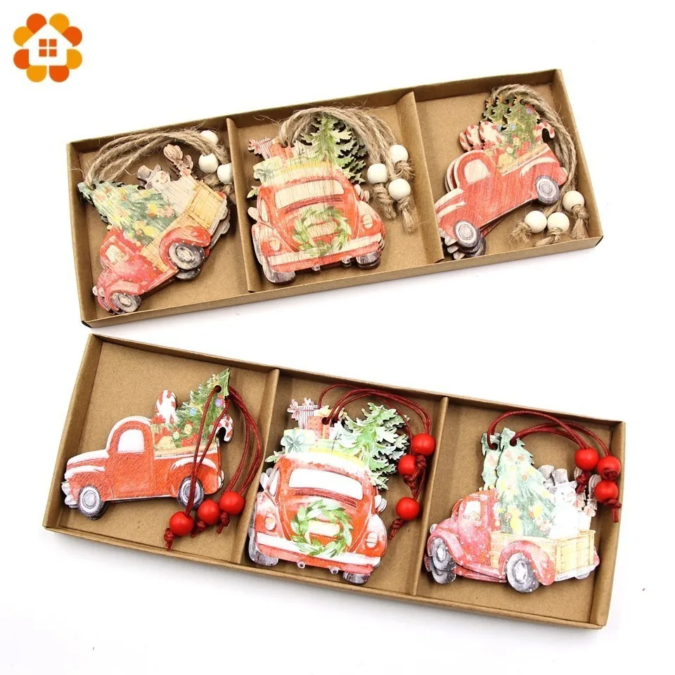 

12PCS/Box European Christmas Gift Cars Wooden Pendants Ornaments Wood Craft Christmas Party Decorations Tree Ornament Kids Gift