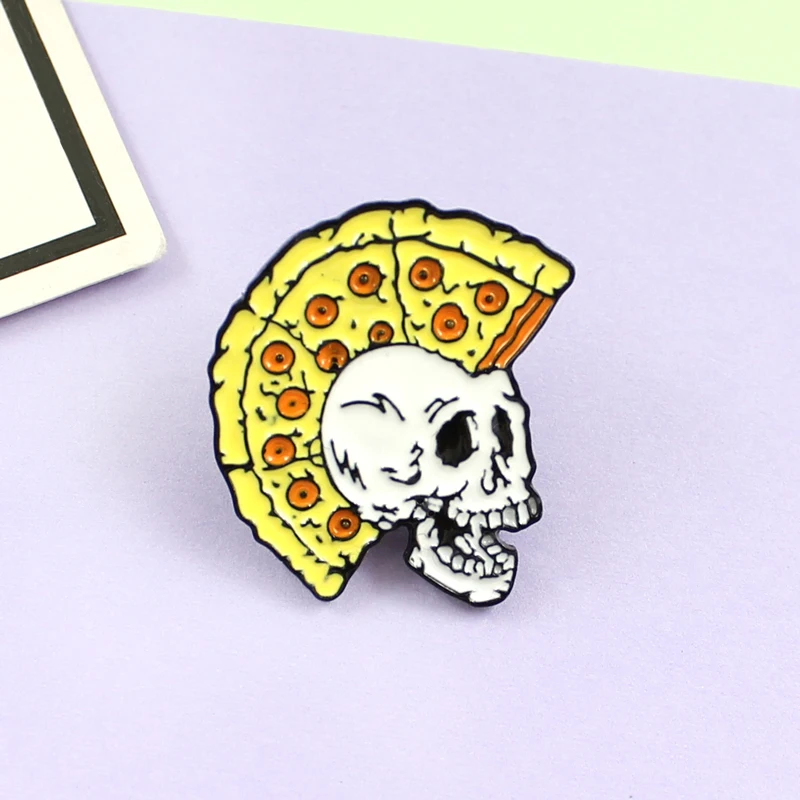 Забавная пицца прическа череп брошь с дизайном «скелет» Желтый Скелет значки на заказ эмаль булавки броши для мужчин и женщин любитель пиццы ювелирные изделия