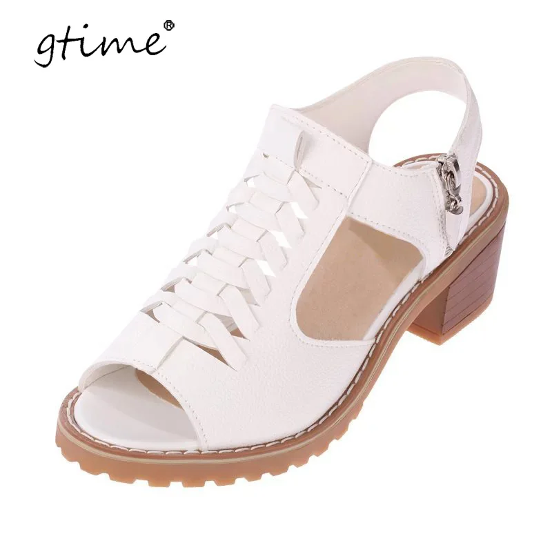 

Gtime Vintage Elegant Women's Sandals Summer Style Peep Toe Cross Tied Side Zip Design Mid Square Heel Shoes Woman ZWS256