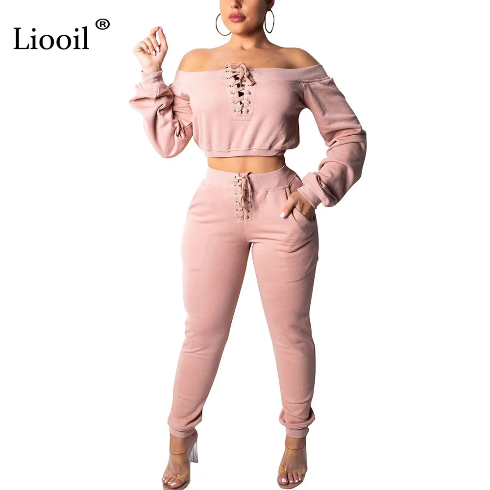 Liooil Off Shoulder 2pcs Active Set Women Outfits Sweatshirt Long Sleeve Crop Top And Pants Lace-Up Track Suits Woman Sets