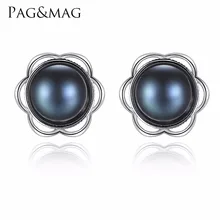 PAG y MAG Nuevo Aretes de Moda 925 Joyas de Plata Para Las Mujeres de 8mm a 8.5mm Naturales de agua dulce Negro Perla