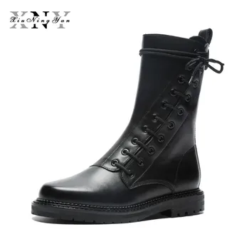 

XiuNingYan Genuine Leather Superstar Personality Design Square Low Heels Winter Mature Lady Rivets Handmade Mid-calf Boots Woman