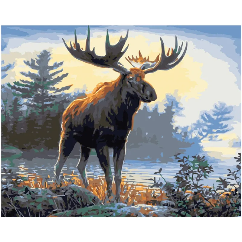

Painting By Numbers DIY Dropshipping 40x50 50x65cm Sprouting moose by the rive Animal Canvas Wedding Decoration Art picture Gift