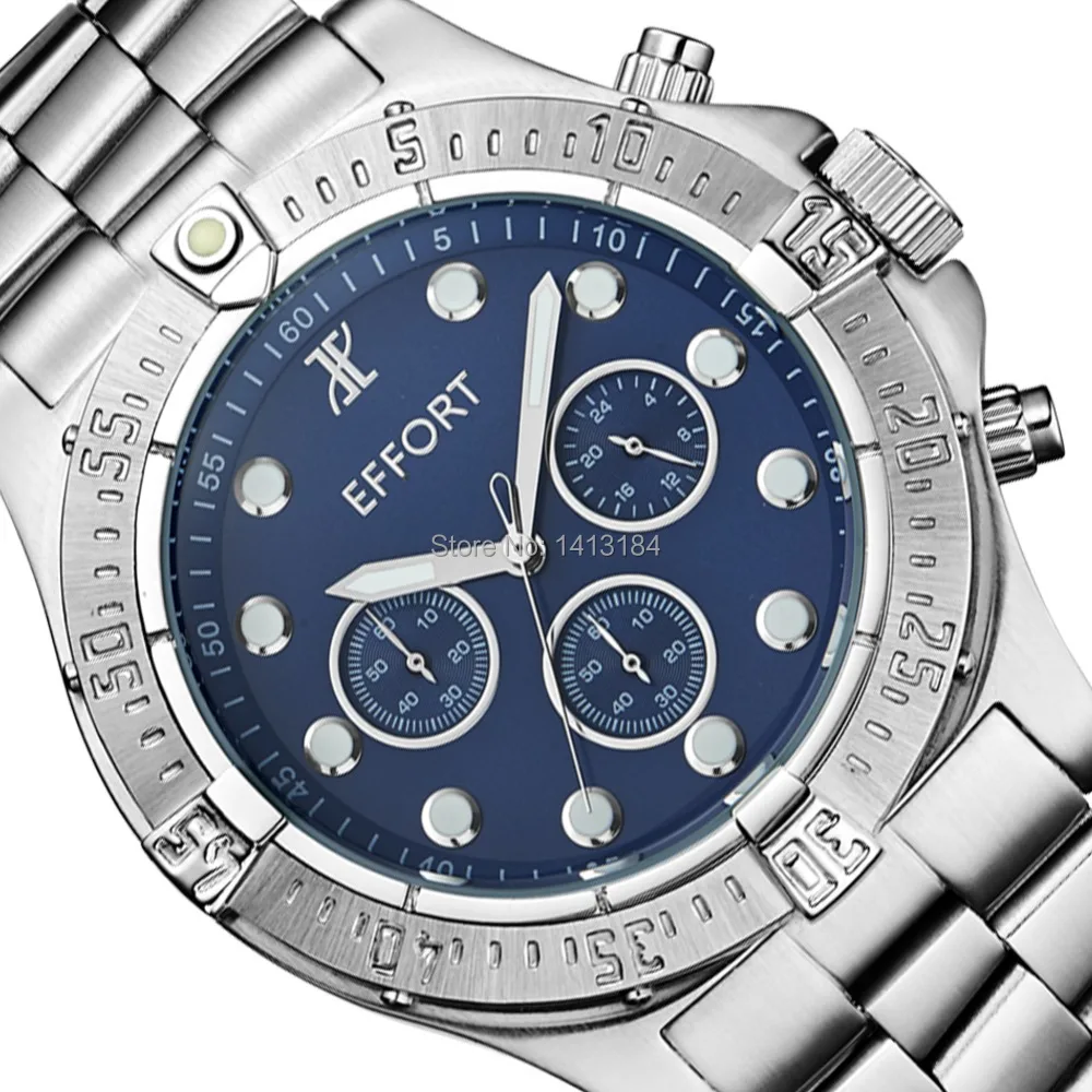 Brand New EFFORT Blue Dial Stainless Steel 6 Hands Display Relogio