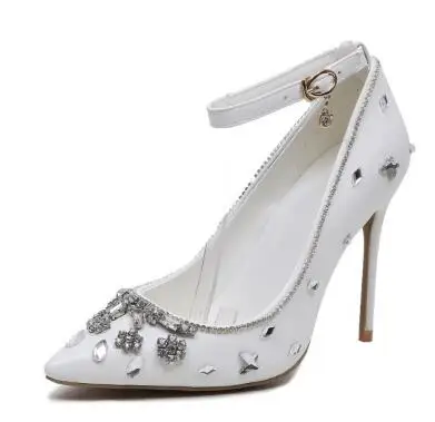 

White pointed toe ankle strap high heel shoes foe women Ladies'crystal super high thin heel shoes Female high heels Dress shoes