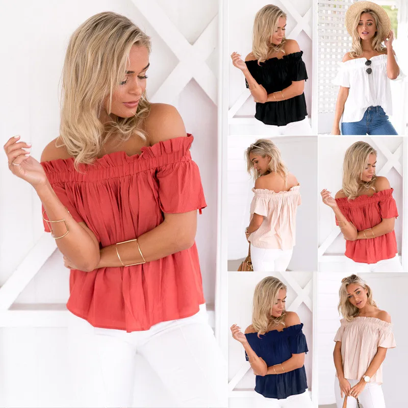 Off Shoulder Blouse Shirt Women Tops Ruffles Sexy Chiffon Blouse Elastic Collar Summer Top Chemise Femme Blusas02