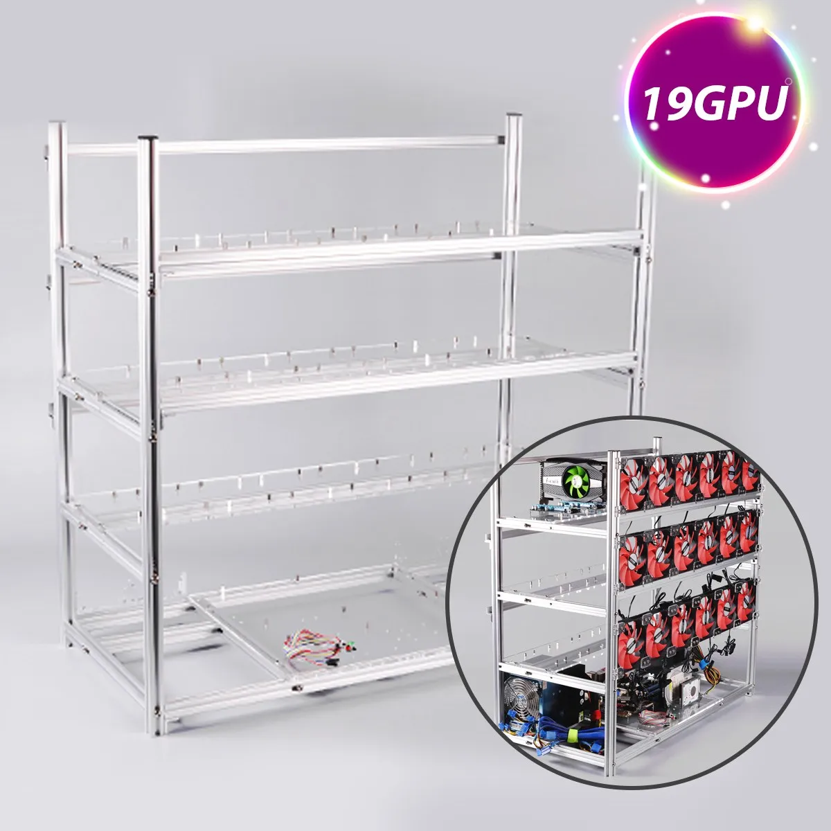 Silver Mining Rig Aluminum Stackable Case Open Air Frame ETH/ZEC/Bitcoin Hold 19 GPUs Supports 18 Fans
