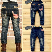 DIIMUU/джинсы для мальчиков-подростков одежда для детей джинсовые штаны с эластичной резинкой на талии повседневные классические прямые длинные брюки для детей от 5 до 13 лет