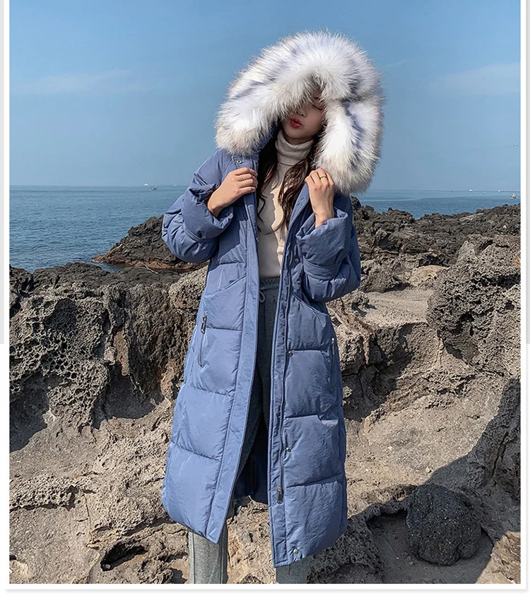 New Blue X-Long Parkas Female Womens Winter Jacket Coat Big Fur Thick Cotton Warm Jacket Outwear Parkas Plus Size Fur Coats