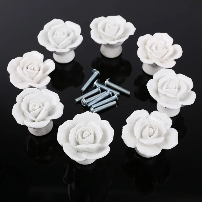 8PCS Ceramic Roses Flower Shape Door Knobs Handle Color White