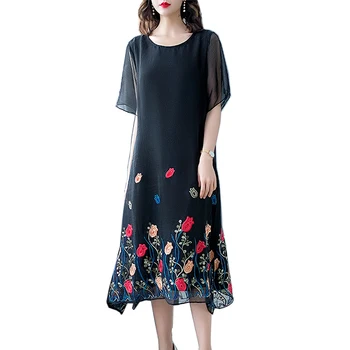 

New 2019 Plus Size Women Summer Dresses Elegant Female Loose print Chiffon Dress Middle-aged casual Vintage Office Party Dress