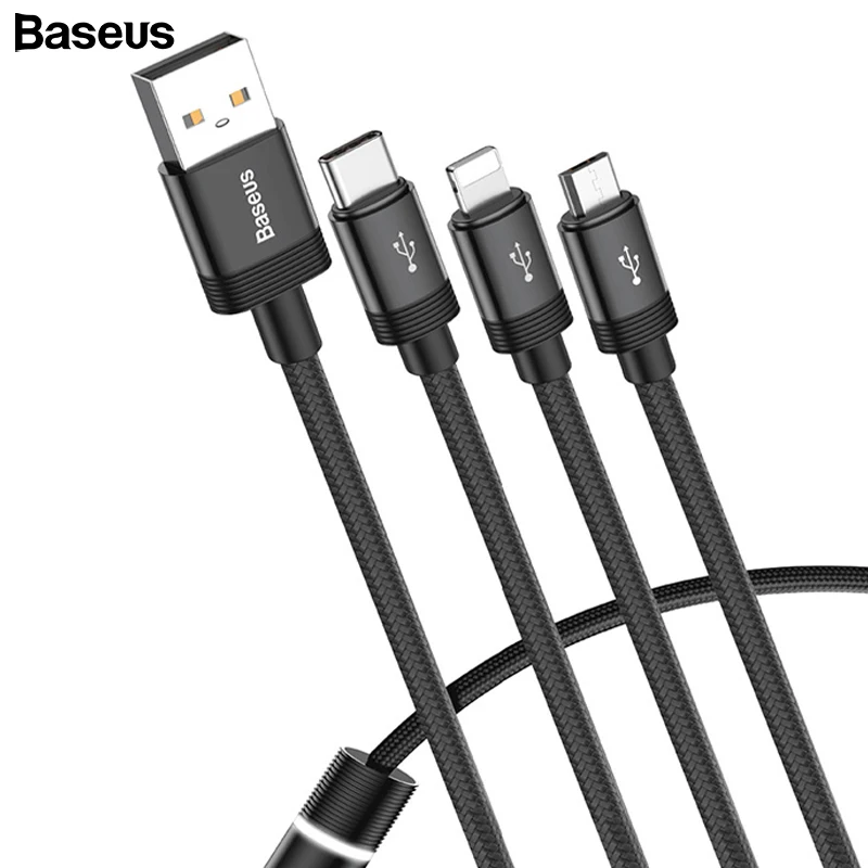 Usb-кабель Baseus 3 в 1 для iPhone, зарядный кабель для передачи данных, кабель USB type-C, кабель Micro usb для samsung Xiaomi, провод