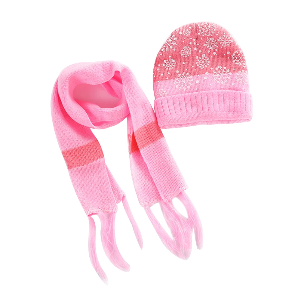 2 шт Рождественская Снежинка осень зима теплая шапочка шапка шарф для девочек, для мальчиков - Цвет: Pink
