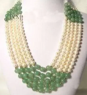 

FREE SHIPPING 5Rows 7-8MM White Pearl AND Jade Necklace