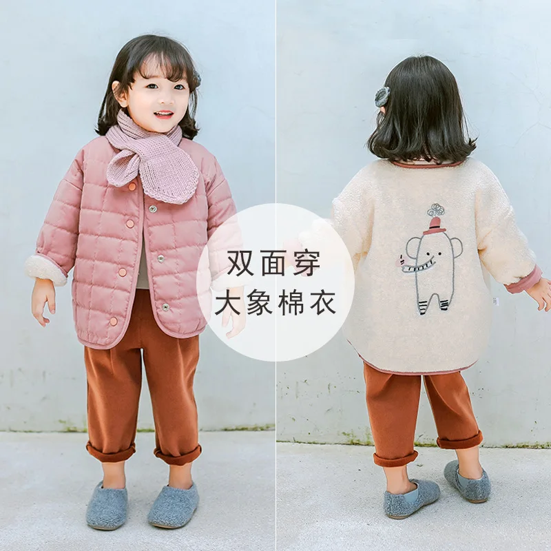 

Winter baby girls fashion cartoon elephant embroidered thicken double-faced cotton clothes kids casual warm coats 1-5Y