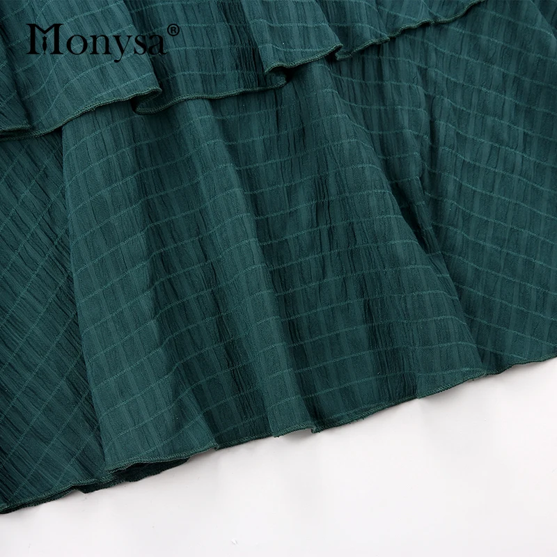 Monysa летнее платье Новое поступление модные с коротким рукавом повседневные платья женские ниспадающие оборки миди платье Зеленая женская одежда