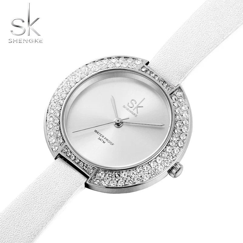 

SK New Women's Female Diamond Watches White Leather Strap Top Luxury Brand Ladies Wristwatch Crystal Sexy Lady Quartz Clock
