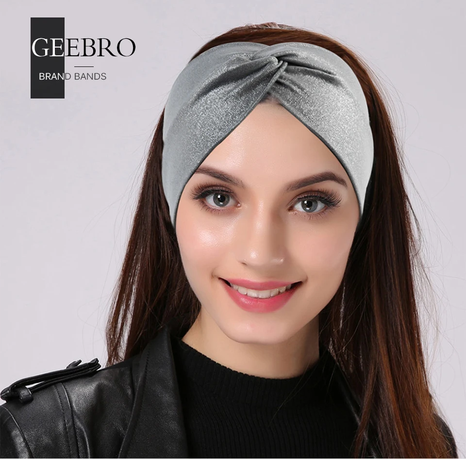 Geebro женские серебряные, в точку, широкие повязки на голову, летняя мода, крест, тюрбан с узлом, вязанная спа повязка на голову для женщин, обруч на голову с бантом