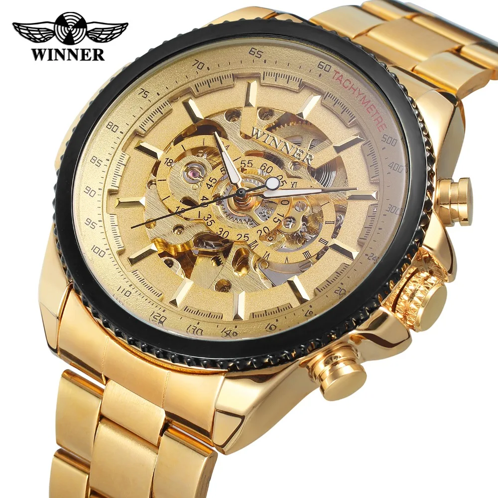 T-Winner мужские роскошные модный Автоматический ход мужские классические скелетные аналоговые наручные часы с браслетом из нержавеющей