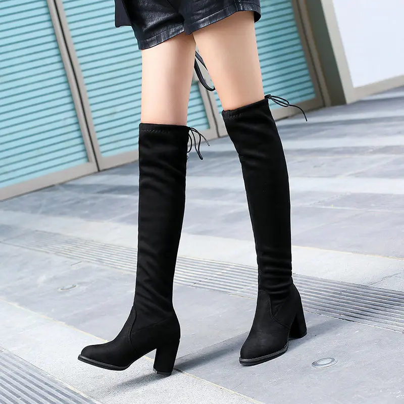 LADIES BLACK OVER THE KNEE FAUX SUEDE LACE UP BOW DETAIL BLOCK HIGH HEELS BOOTS