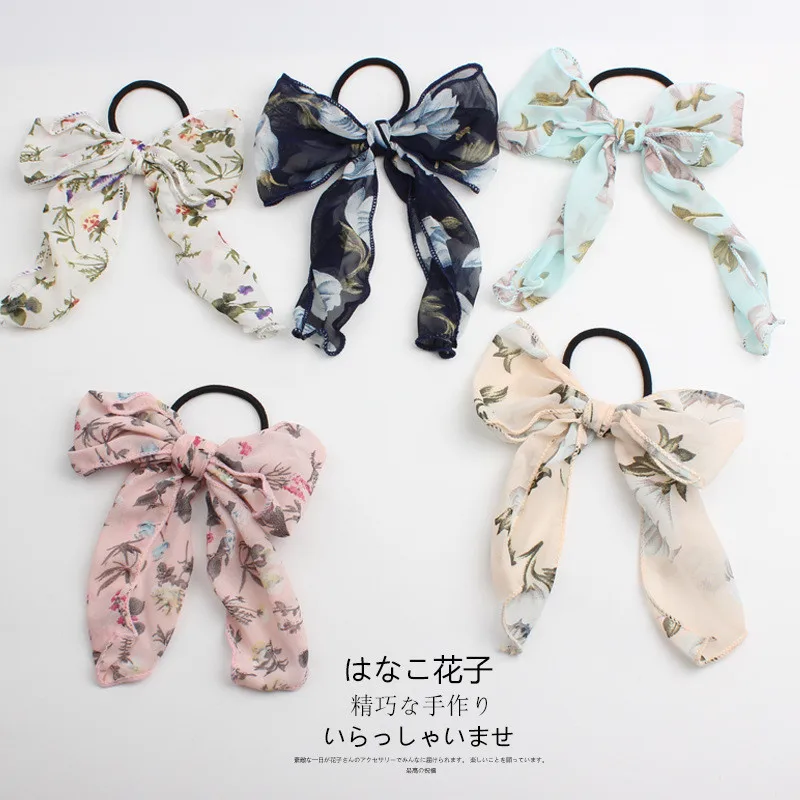 

Free shipping Fashion women Floral bow ribbon hairties girl's elastic rubber lady's gum Ponytail Holder hair accessories