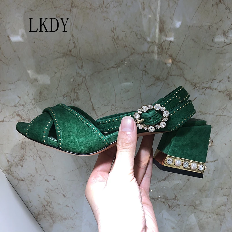 

2019 LKDY summer women Luxury leather stitching sheep anti-velvet rivet crystal diamond cross strap high heel fish mouth sandals