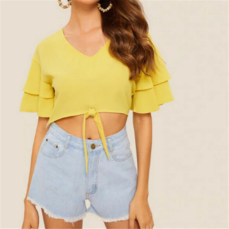 

Women Tops Loose Short Sleeve Chiffon Blouse Shirt Tops Fashion Summer Ruffle Woman Blouse Blouses And Shirts For Ladies Tops