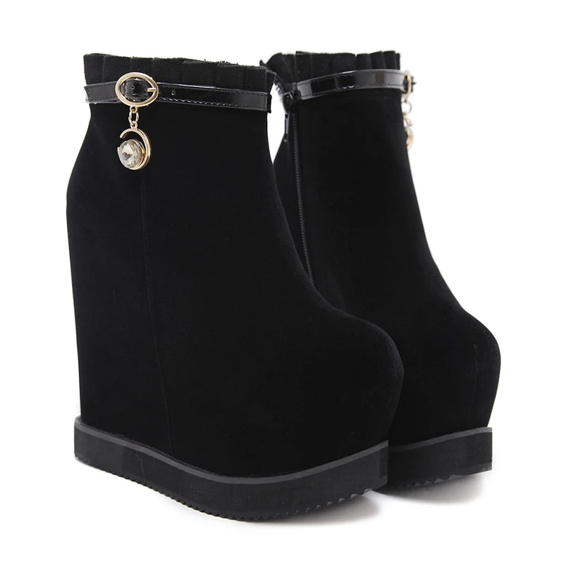 

15cm High Heels Boots Autumn Black Suede Wedges Platform Boots Fashion Women Ankle Boots Height Increasing Wedges Shoes