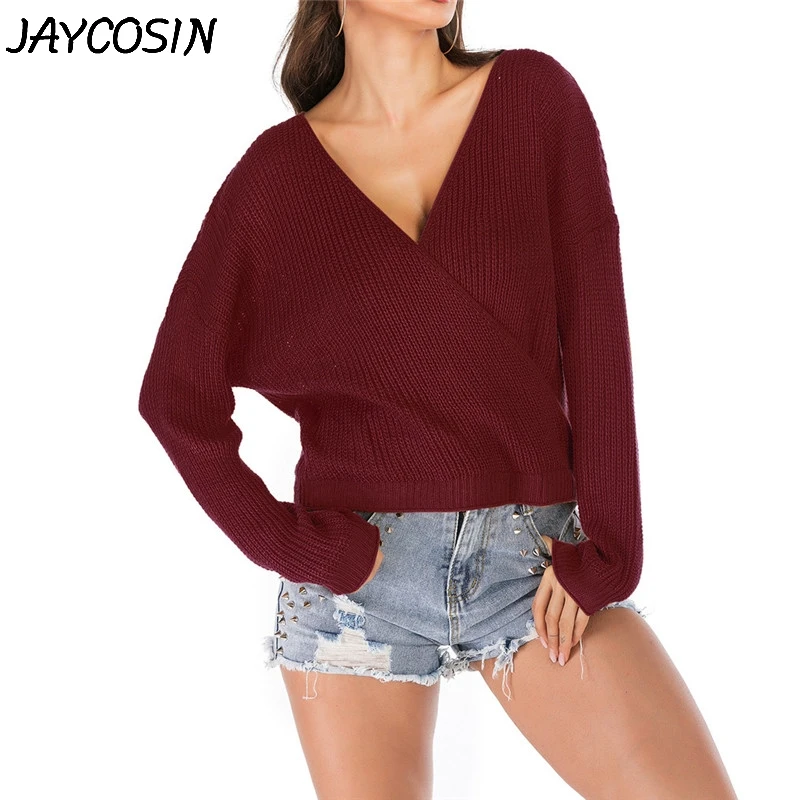 JAYCOSIN женский свитер осень зима сексуальный однотонный вязаный длинный рукав v-образный вырез открытая спина свитер короткие пуловеры Топы jy22