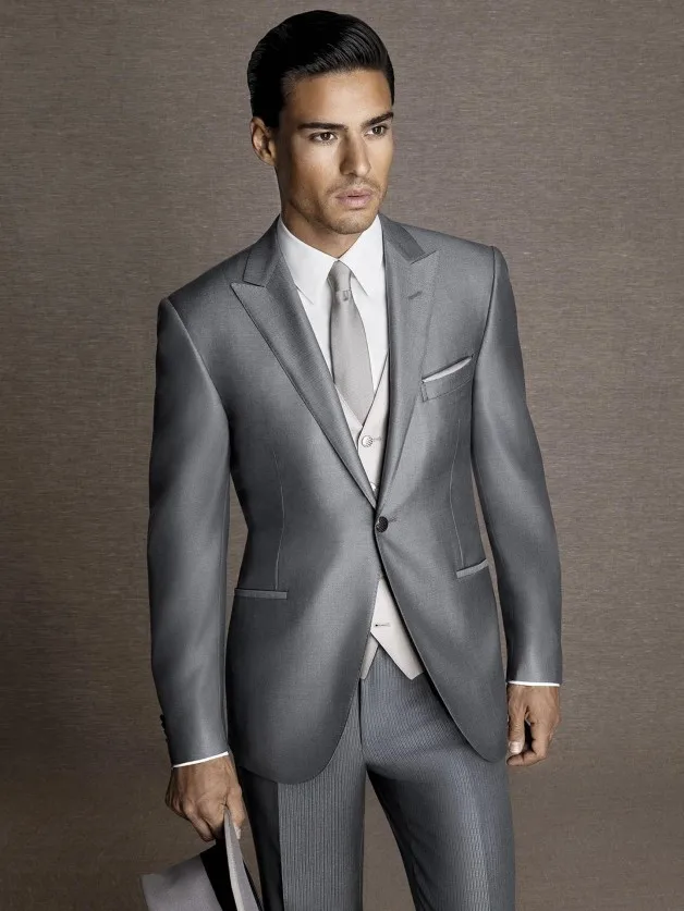 2017 Latest Coat Pant Designs Silver Grey Satin Men Suit Formal Skinny