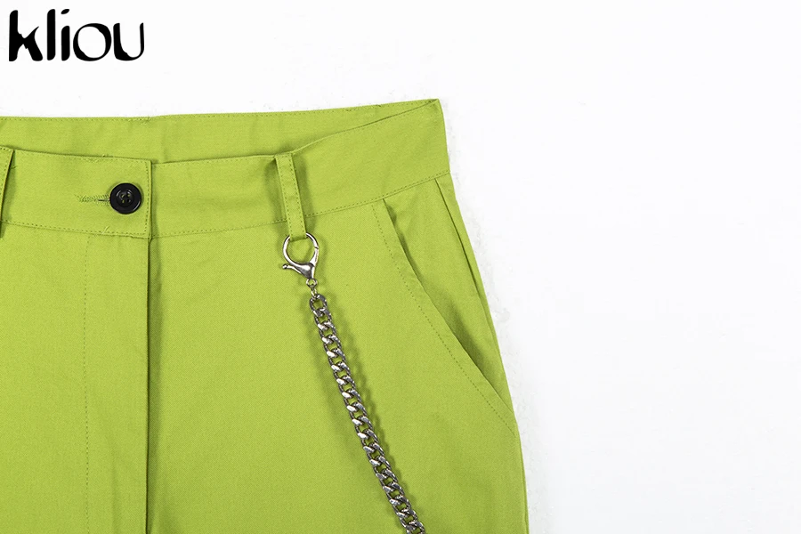Kliou Новые женские модные длинные брюки клёш однотонные штаны с карманами украшенные цепью повседневные яркие брюки