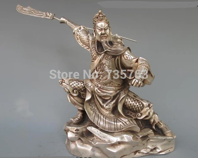 

xiuli 00608 China White Copper Silver Three Kingdoms Period Dragon Guan Gong warrior Statue