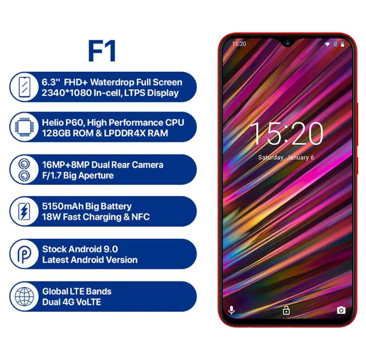 UMIDIGI F1 4 GB + 128 Helio P60 Восьмиядерный 18 W быстрая зарядка мобильного телефона 6 3 &quotFHD 19