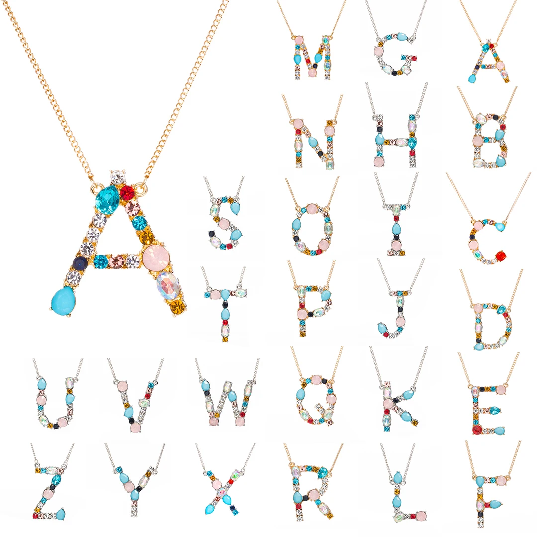 Women Jewelry 2019 Shellhard Statement A-Z 26 Letters Multi Color Cubic Zircon Pendant Chain Necklace Engagement Valentine Gift