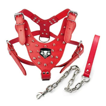 

Spiked Studded Soft Leather Dog Harness& Leash Set For Pitbull Bully