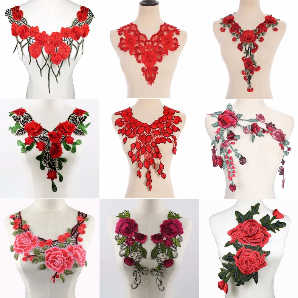 

Embroidery Big Red Lace Scrapbooking Neckline Collar,DIY Handmade Weeding Collar Lace Fabrics For Sewing Collar Craft