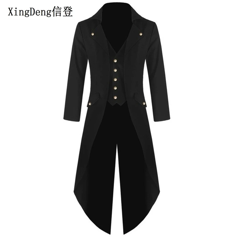 

XingDeng Solid color fashion steampunk tuxedo male dress Victorian Gothic Men's Silk Tie Shirt Shirts With Collar Blouses Tops