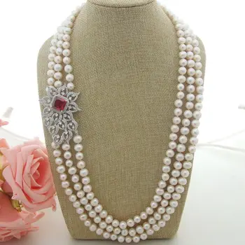 

N041307 3Strands 25''-27" White Pearl Necklace CZ Connector