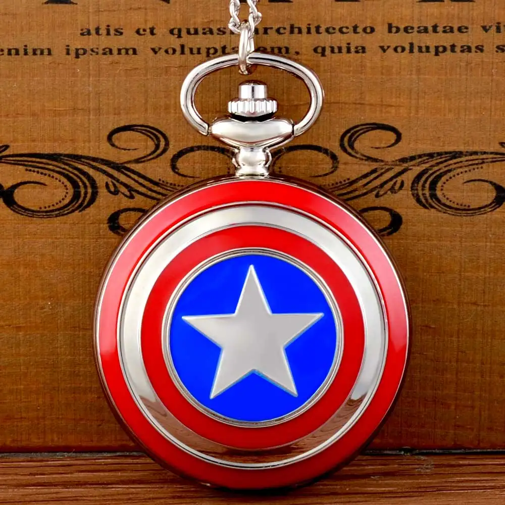 

New Fashion Captain America Icon Quartz Pocket Watch Chains Vintage Men Women Silver Pendant Necklace Clock Gift