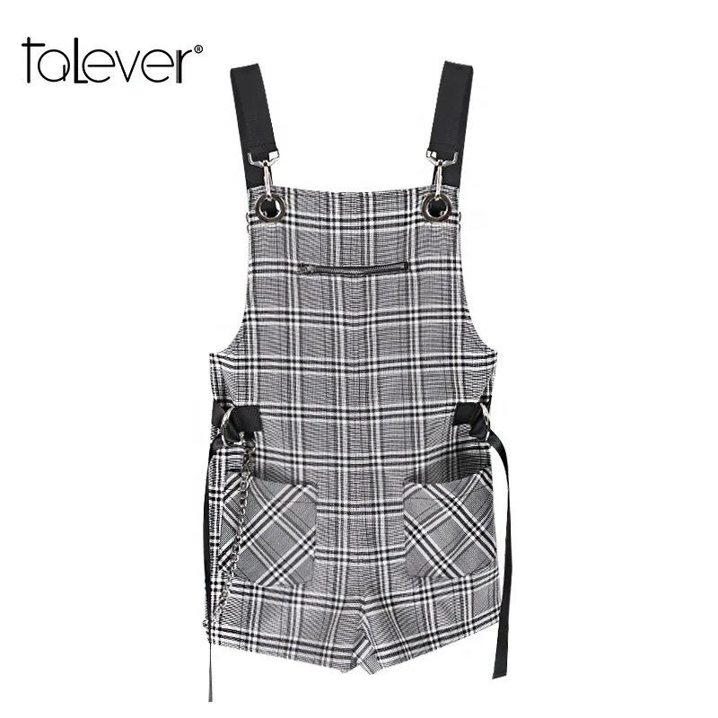 Women Sexy Strap 100% Cotton Plaid Playsuit Female Casual Pockets Streetwear Slim Jumpsuit Fashion Lady Autumn Overalls Talever Jumpsuits and Playsuits