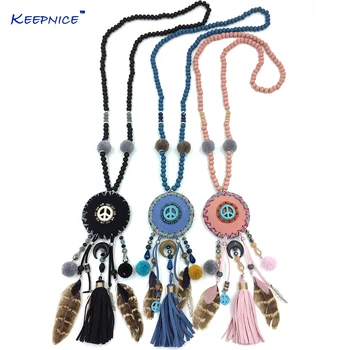 

Womens clothing accessories Bohemia multicolor beads illusionist locket pendents necklace feather peace mark pendents necklace